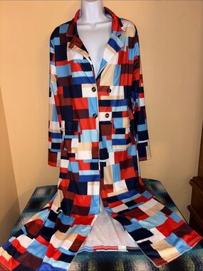 Colorblock Long Buttoned Coat - Red Blue Cream Navy